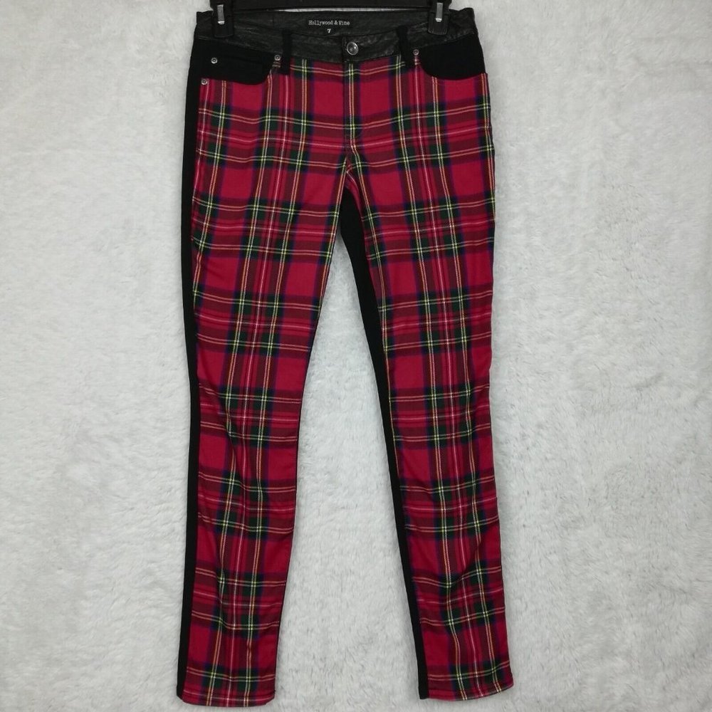 Hollywood & Vine Womens Jeans Jeggings Red Plaid Black Low Rise‎ Denim Juniors 7
